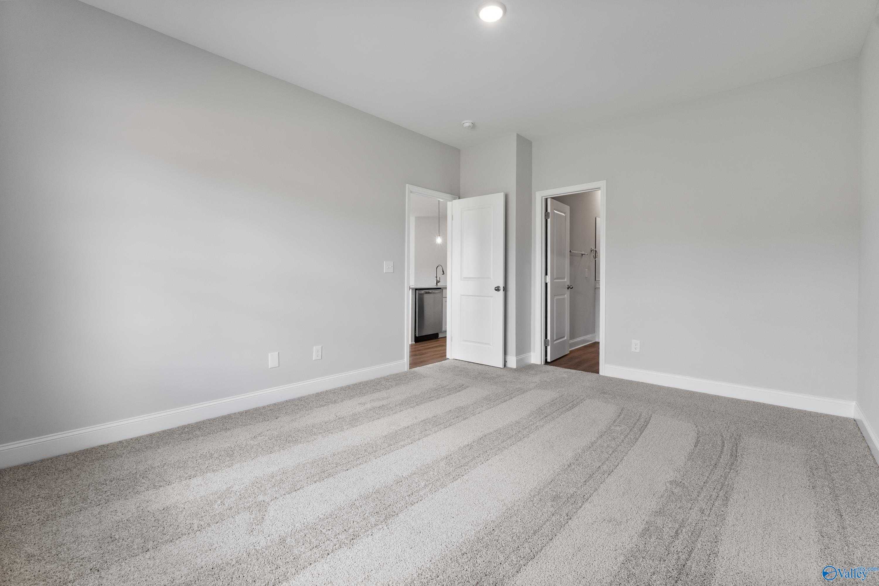 Spacious master bedroom with light gray walls, plush carpet, and en-suite bathroom door in Davidson Homes The Franklin C, Toney, Alabama