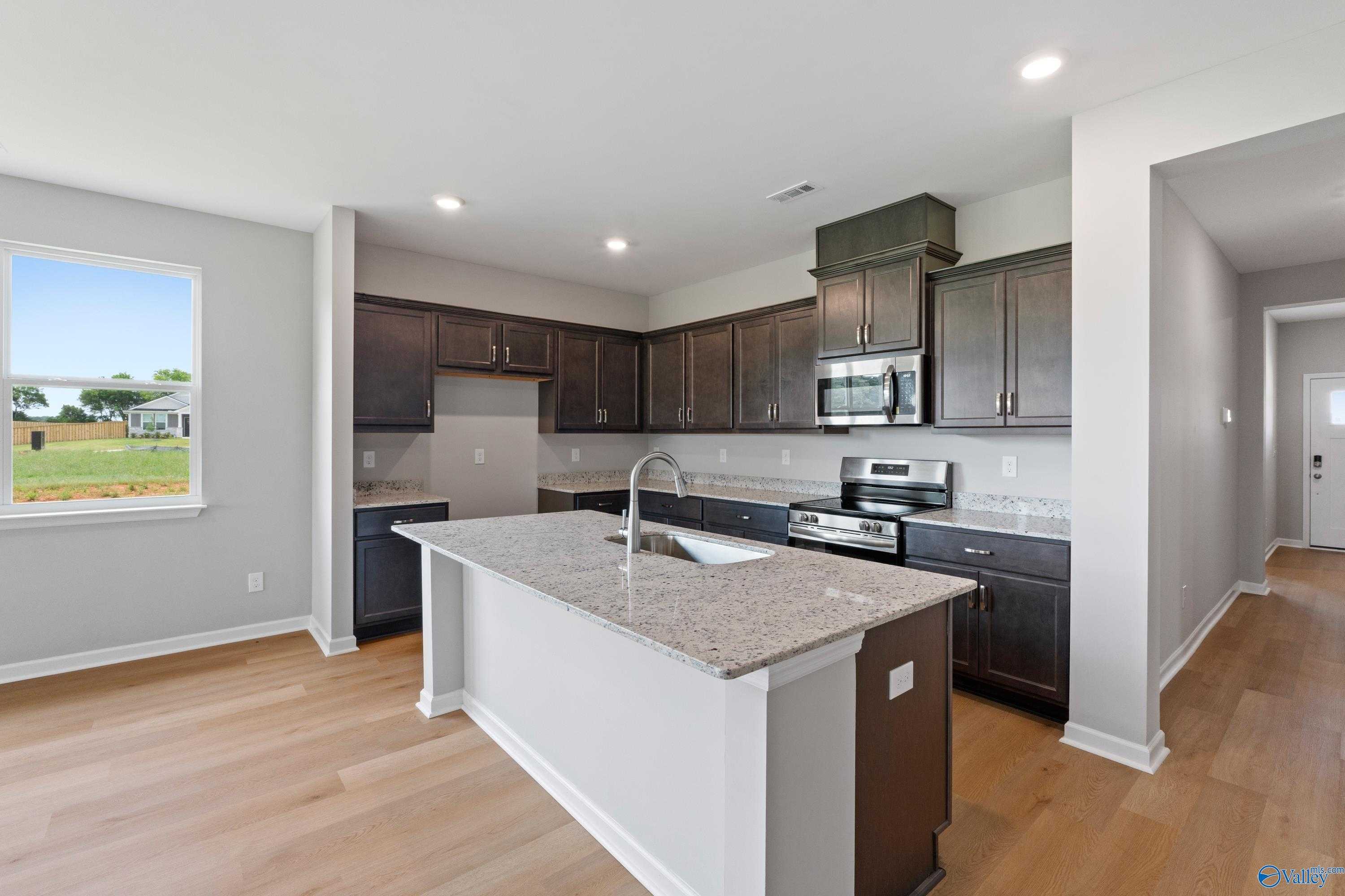 Modern kitchen with dark wood cabinets, granite island sink, stainless appliances in Evermore Homes The Aurora, Harvest Alabama