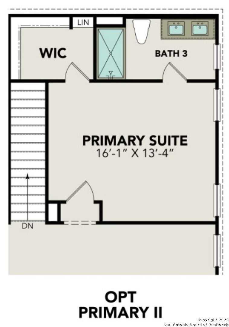 Upper level floor plan of Douglas B home showcasing 16x13 primary suite, walk-in closet, en-suite bath with dual sinks, and Bath 3 in Converse, Texas