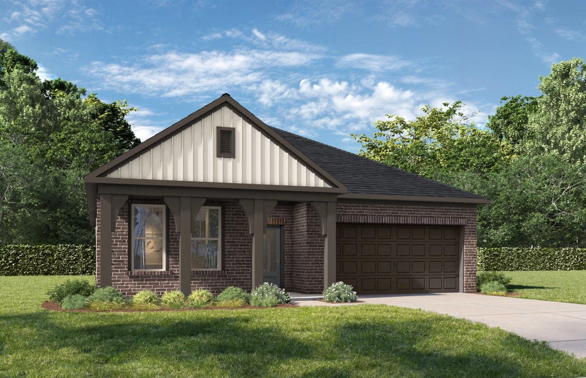 The Laurel G floor plan by Davidson Homes in Heartland, Texas, features a 4-bedroom, 1-story brick exterior with 2-car garage.