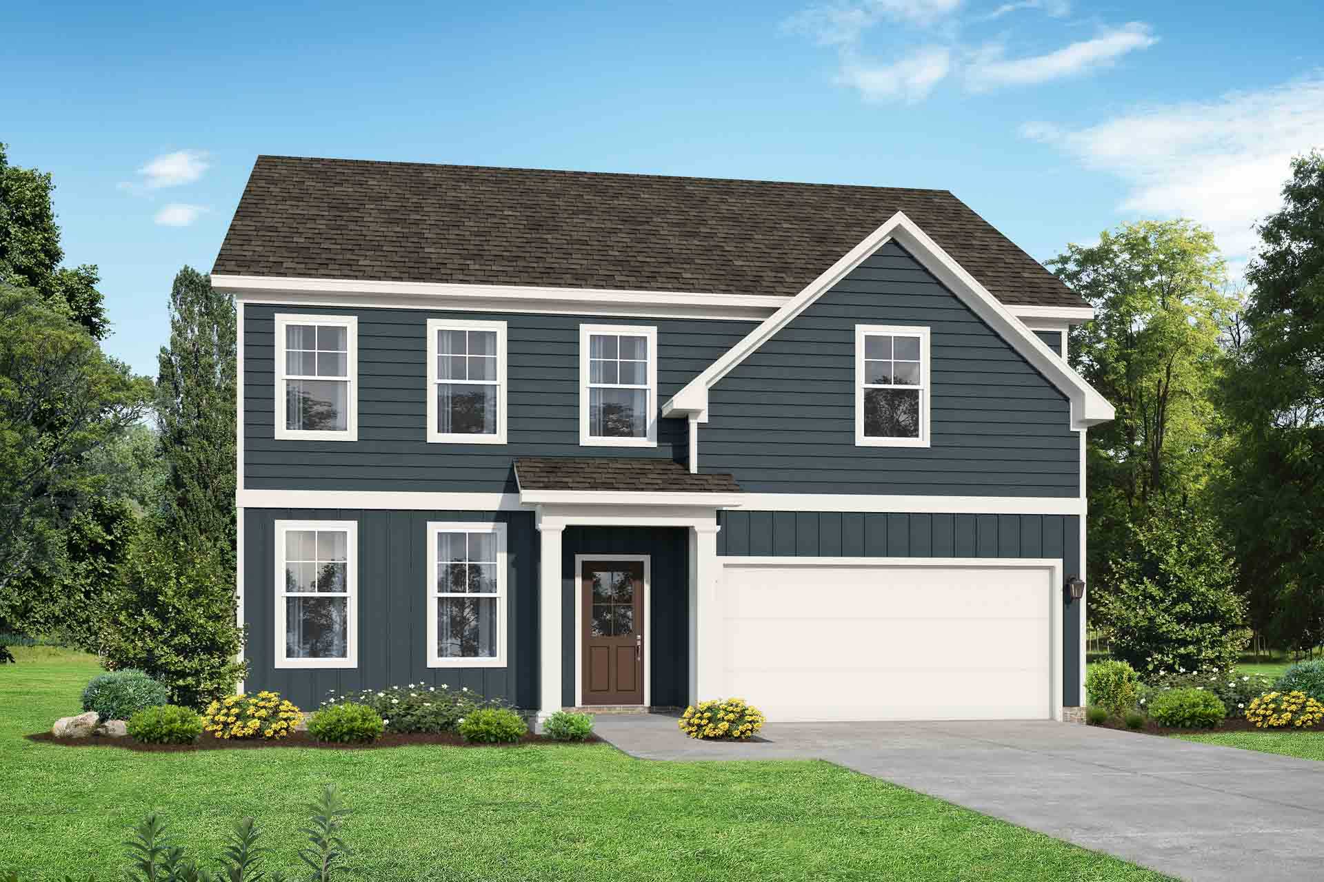 Two-story Murray A home elevation by Davidson Homes: navy blue siding, gabled roof, covered porch, two-car garage, landscaped yard in White House, TN