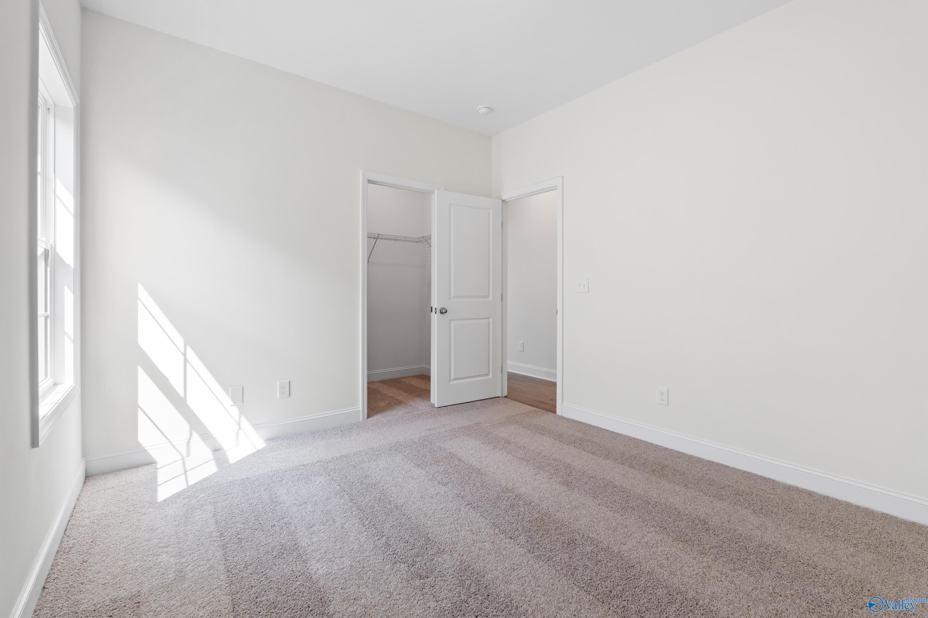 Bright empty bedroom with white walls, beige carpet, open closet door, and natural light in Davidson Homes The Rockford B, Toney, Alabama