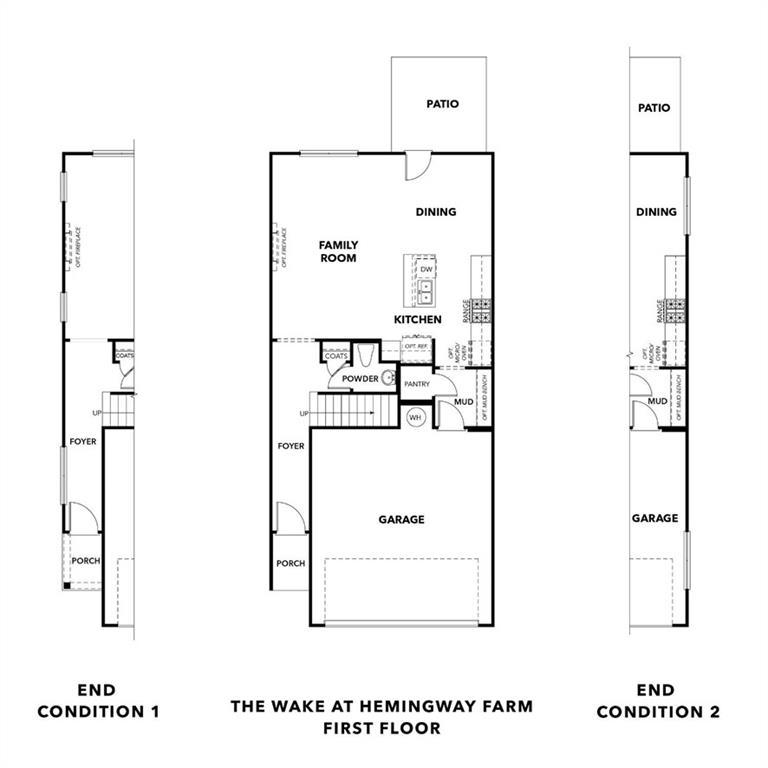 First floor plan for The Wake G at Hemingway in Cumming, GA, featuring open-concept living, kitchen, and 2-car garage.