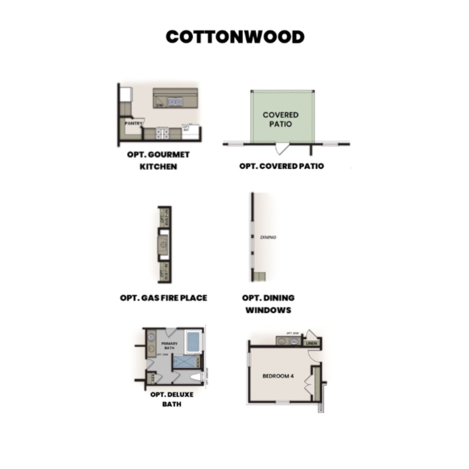 Cottonwood E floor plan: 3-bed, 2-bath, 1,841 sq ft home by Davidson Homes in Woods Crossing, Gallatin, TN, with opt. gourmet kitchen, covered patio