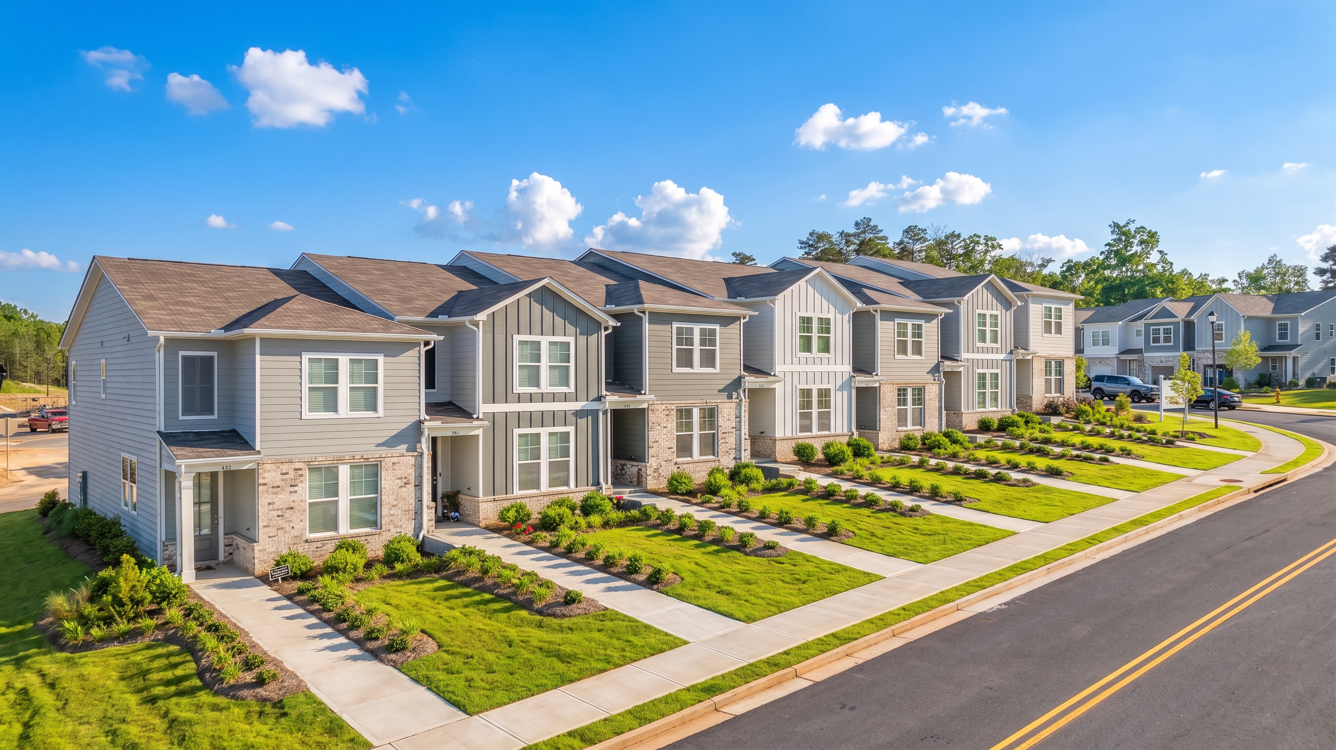 Contemporary townhomes by Davidson Homes at Stegall Village in Emerson, Georgia, featuring modern exterior architecture.