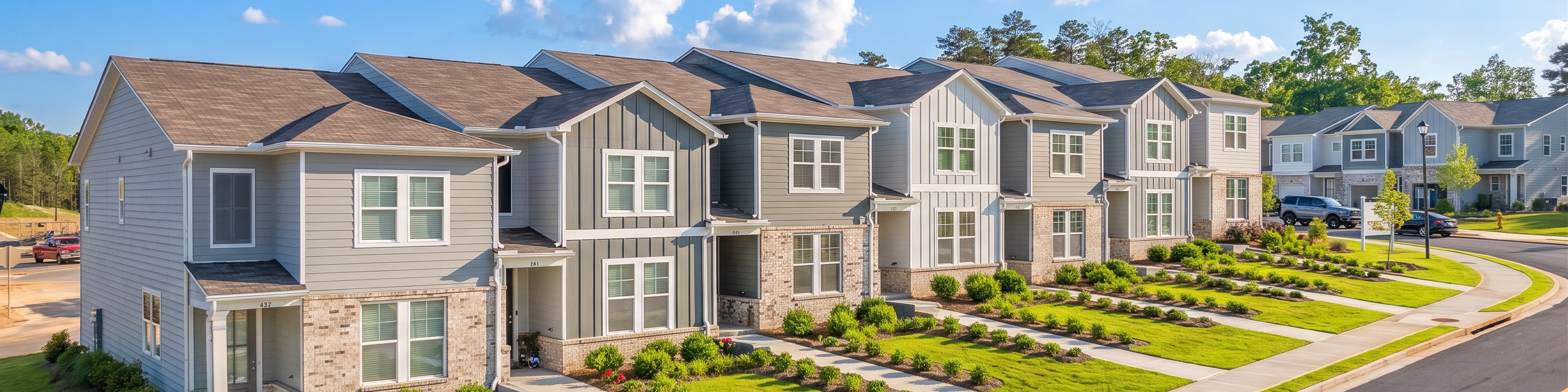Contemporary townhomes by Davidson Homes at Stegall Village in Emerson, Georgia, featuring modern exterior architecture.
