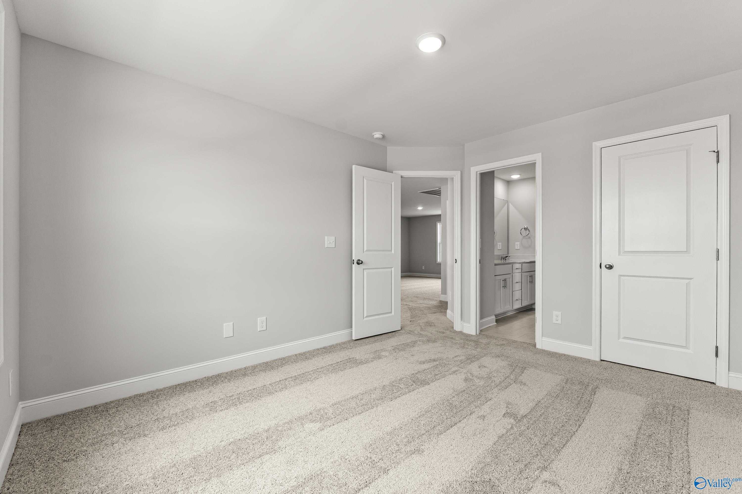 Spacious secondary bedroom with en-suite bathroom, gray walls, and carpet flooring in Davidson Homes The Madison A, Toney, Alabama