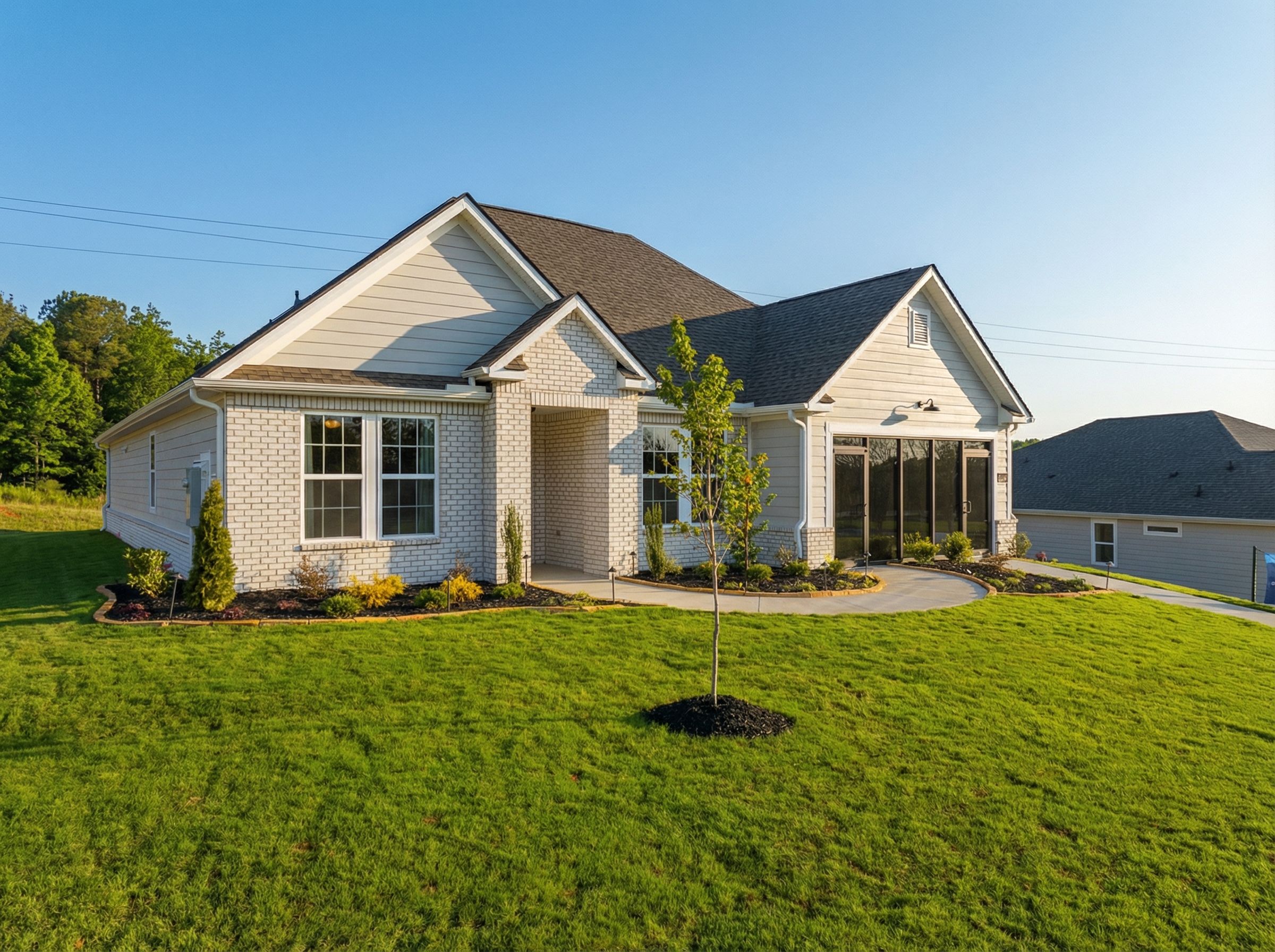 The Hibiscus F single-story home elevation by Davidson Homes featuring white siding, brick accents, and landscaped yard in Cullman AL