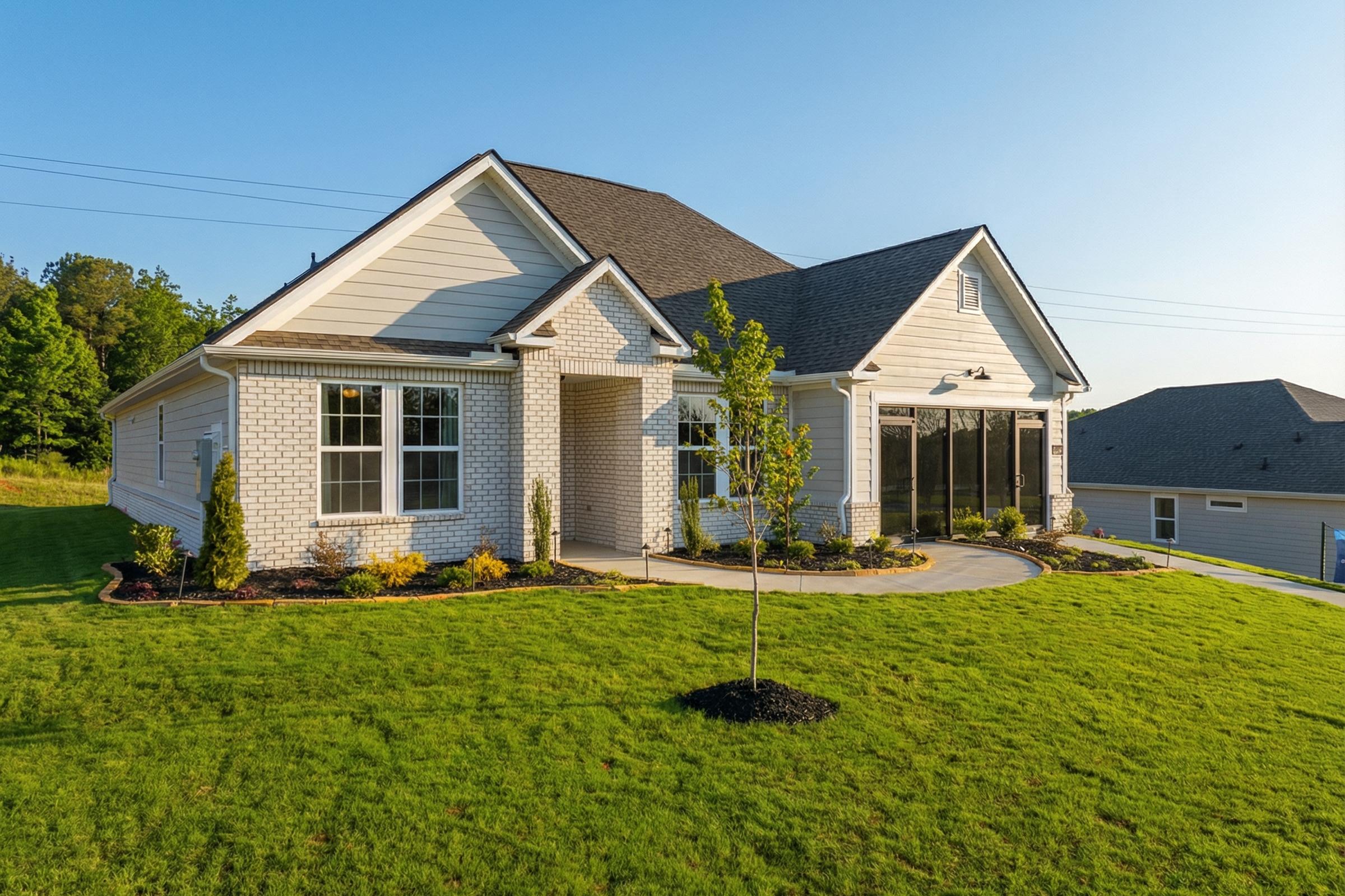 The Hibiscus F single-story home elevation by Davidson Homes featuring white siding, brick accents, and landscaped yard in Cullman AL