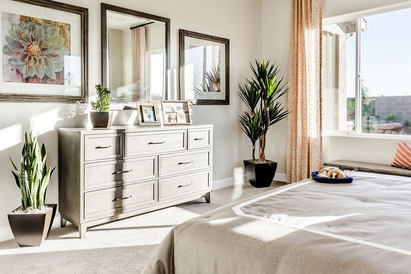 Bright master bedroom in The Monarch B with wooden dresser, snake plants, framed succulent art, and sunlit bed