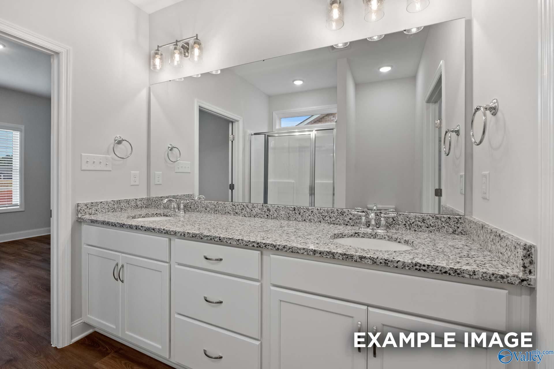 Elegant master bathroom with double vanity, quartz counters, white cabinets, and walk-in shower in Davidson Homes The Cumberland, Decatur, AL