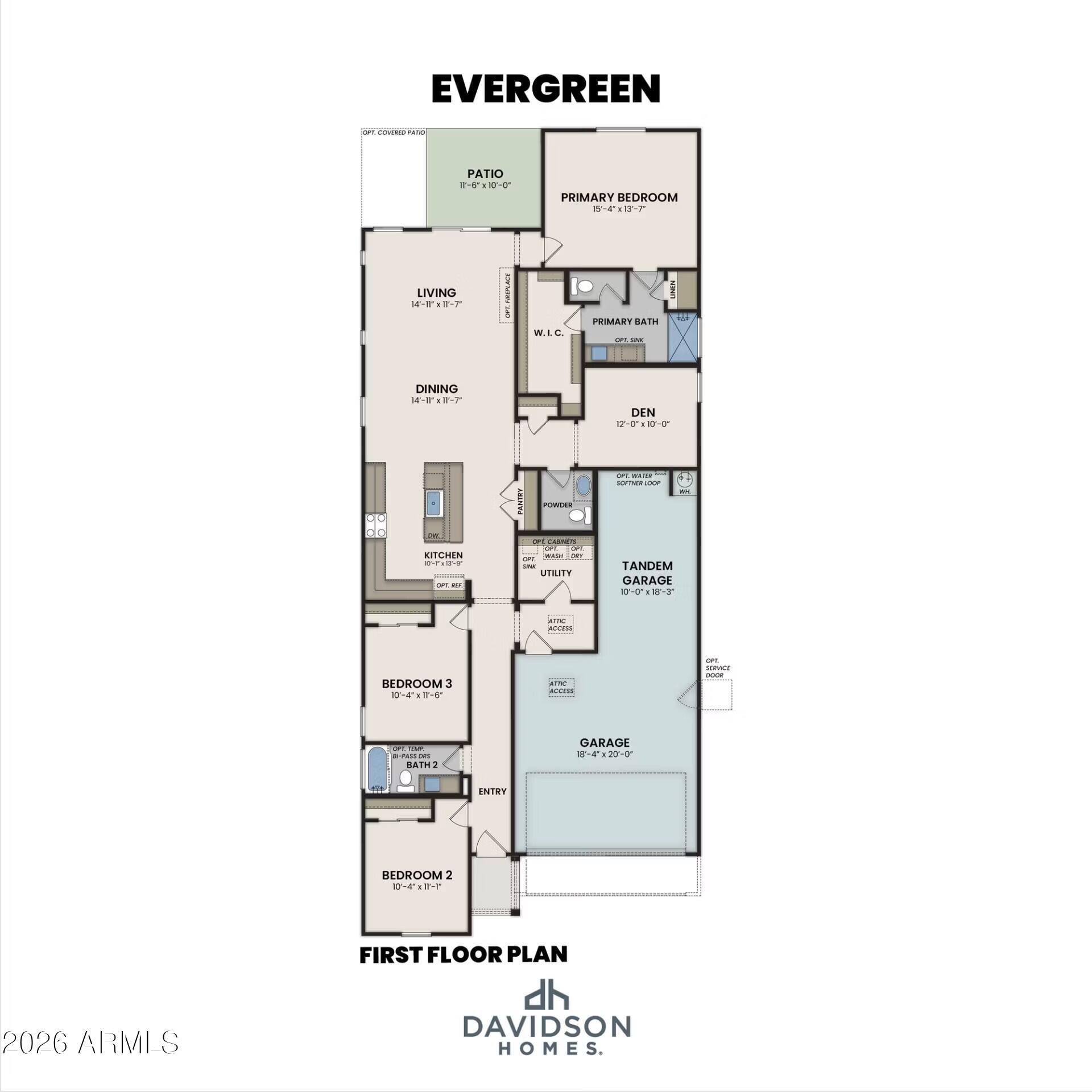 Evergreen A floor plan featuring 3 bedrooms, 3.5 baths, and a 3-car garage at Vineyards at Cottonwood in Cottonwood, Arizona.