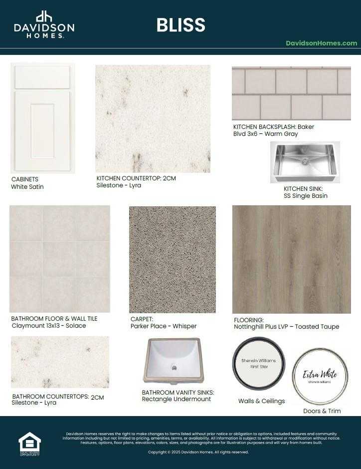 Material selection board for Davidson Homes Bliss floor plan: Silestone countertops, kitchen backsplash, bathroom tiles, carpets in Cleveland, Texas