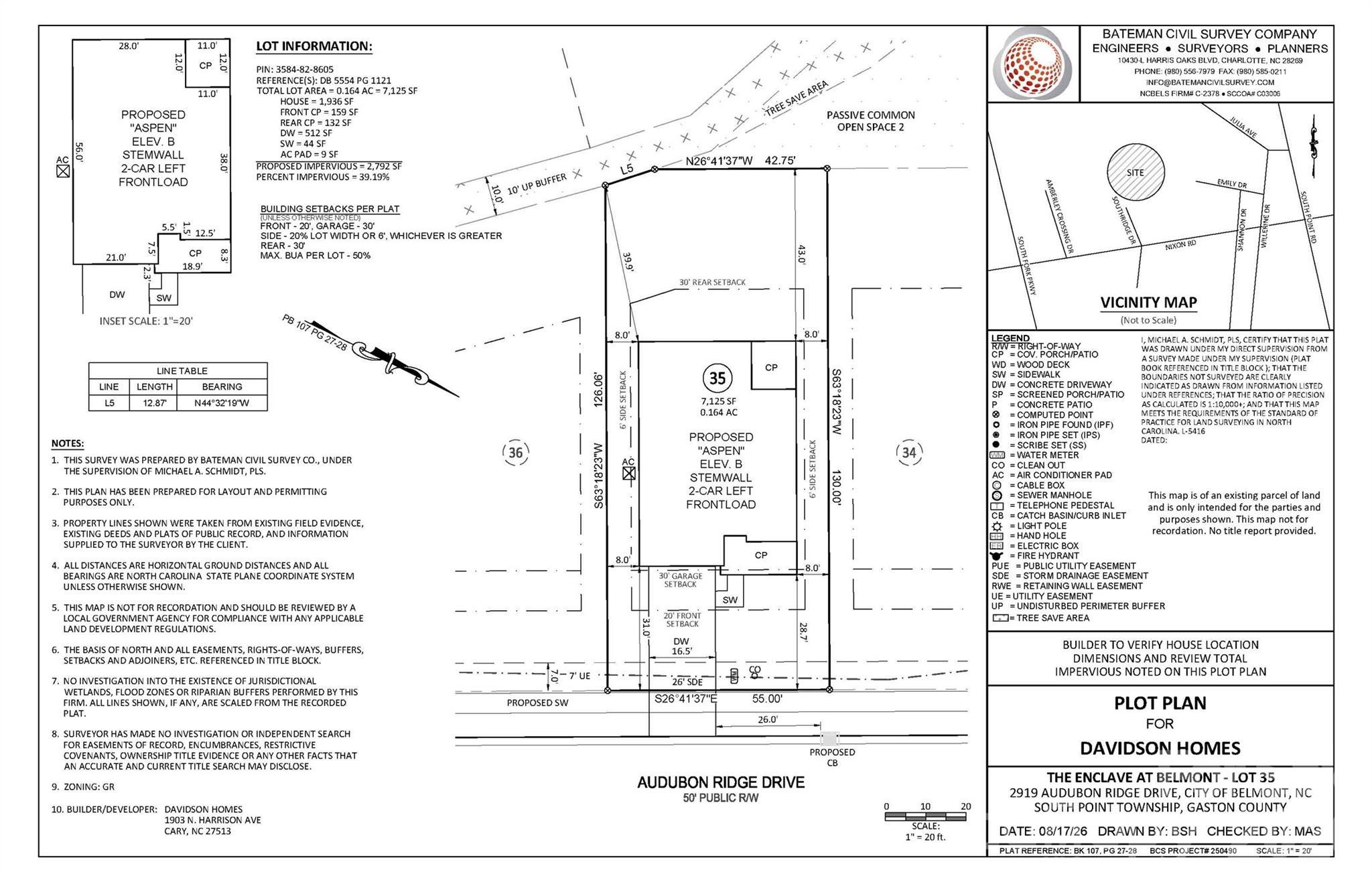 Plot plan for Davidson Homes The Aspen B, Lot 35 at Enclave at Belmont, Belmont, NC showing lot dimensions and setbacks