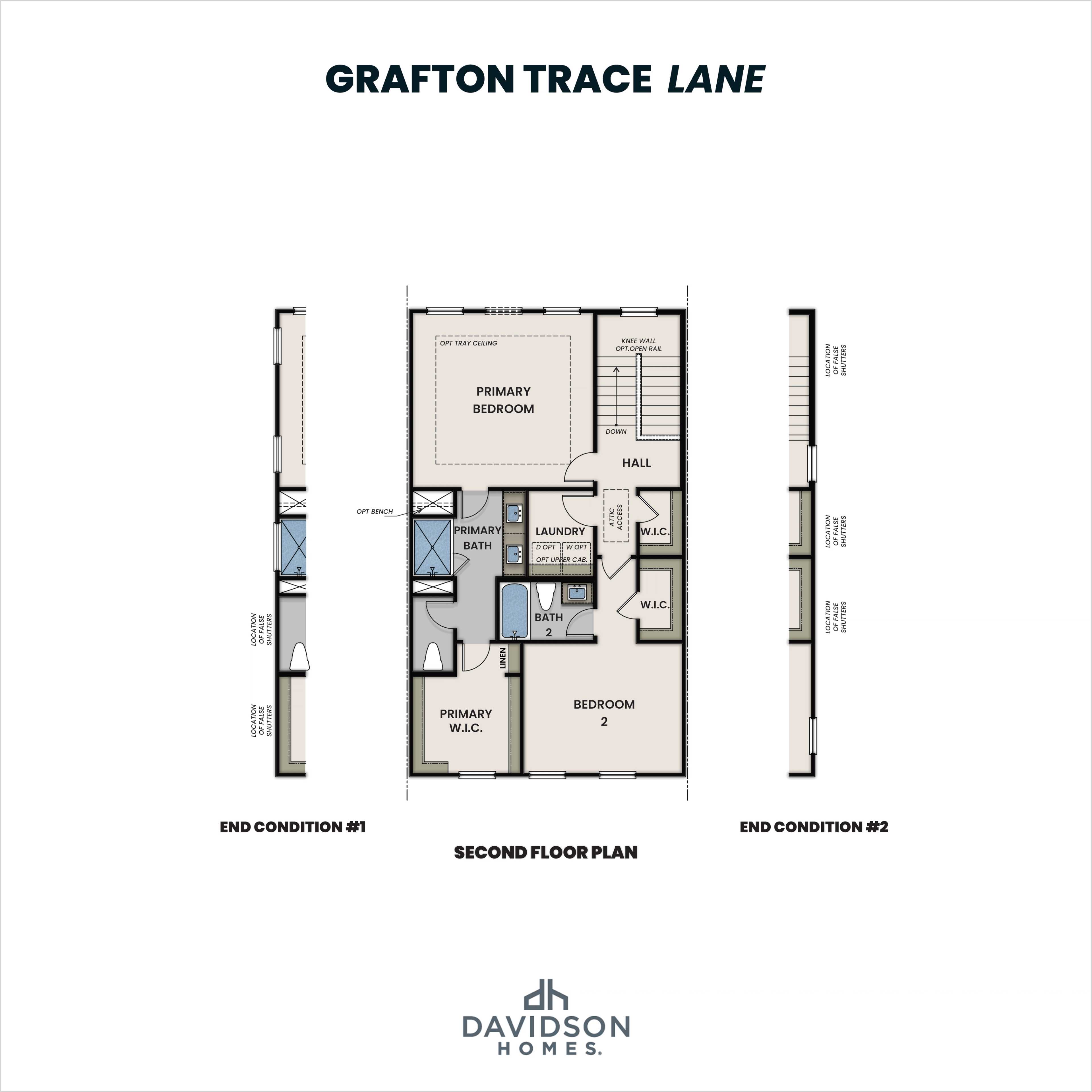 Second floor plan of The Lane B showcasing primary suite, laundry, bedroom 3, and baths in Grafton Trace Lane by Davidson Homes