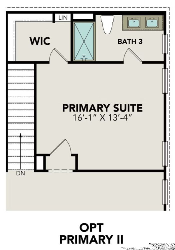 Upper floor plan featuring primary suite, walk-in closet, and en-suite bath in Davidson Homes The Douglas F, San Antonio, TX