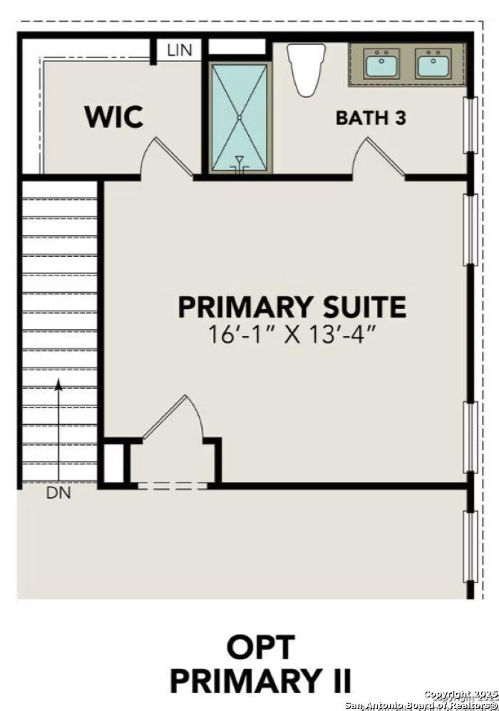 Upper floor plan featuring primary suite, walk-in closet, and en-suite bath in Davidson Homes The Douglas F, San Antonio, TX