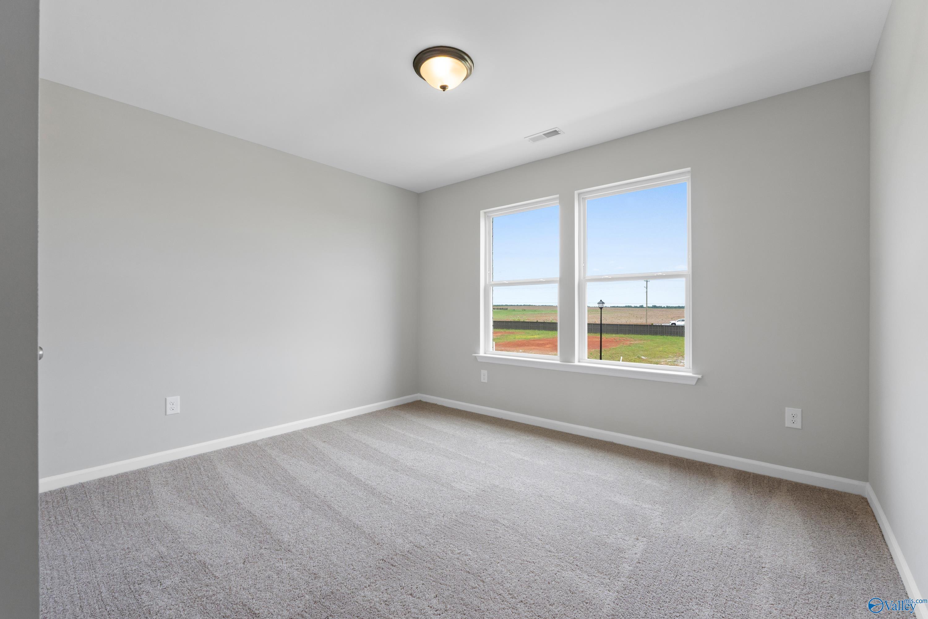 Bright secondary bedroom with gray walls, carpet floor, ceiling fan, and field views through double windows in Davidson Homes The Dorado, Athens AL