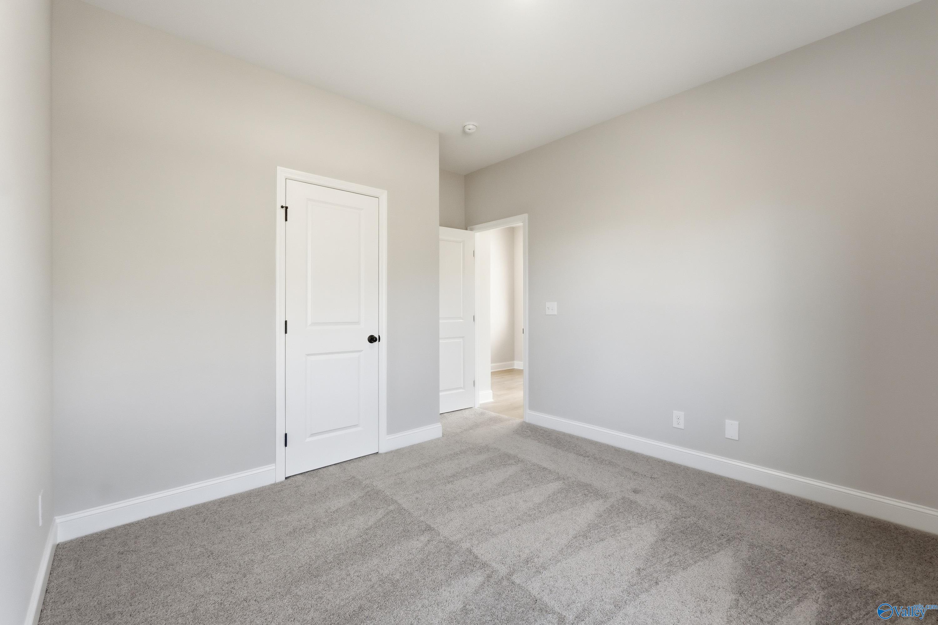 Spacious bedroom with light gray walls, white doors, and neutral carpet in Davidson Homes The Franklin C, New Market, Alabama