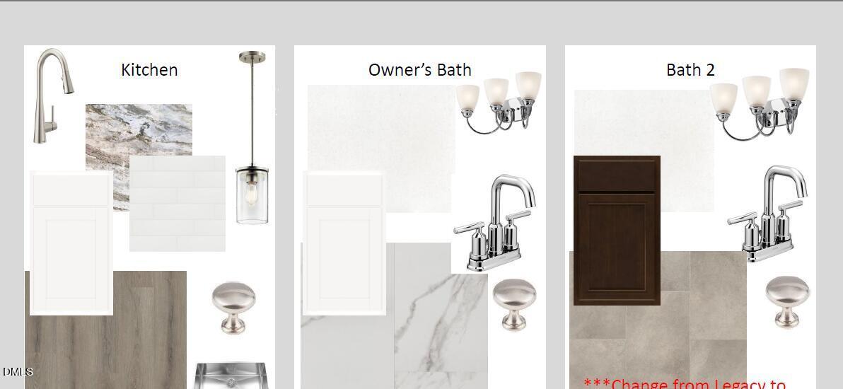 Kitchen, owner's bath, and bath 2 design board with faucets, cabinets, marble, tiles in Davidson Homes The Adalynn A, Lillington, NC