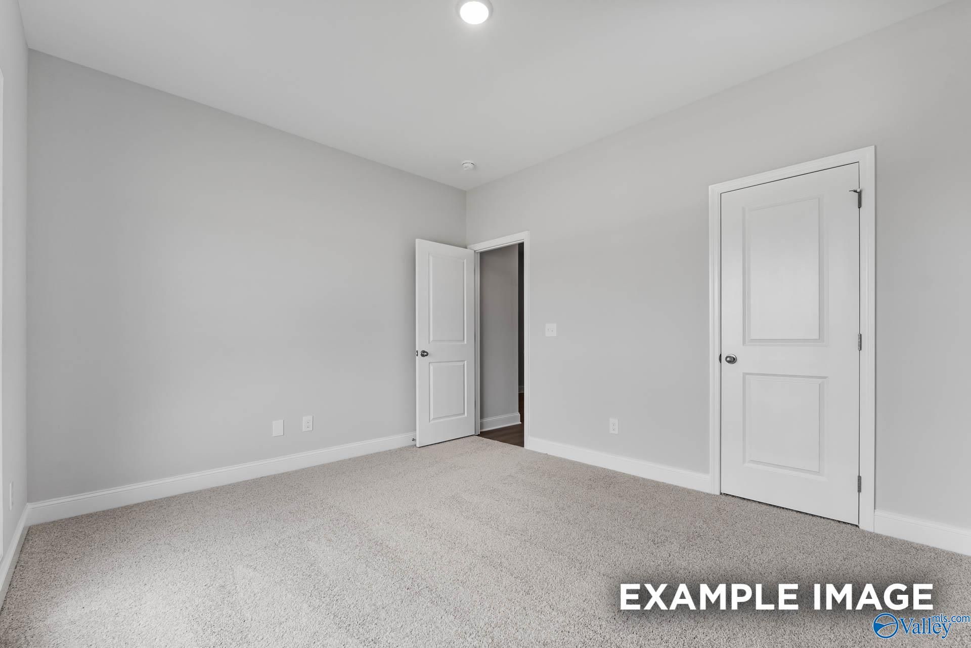 Spacious empty bedroom with light gray walls, neutral carpet, and white doors in Davidson Homes The Daphne C, Arab, Alabama