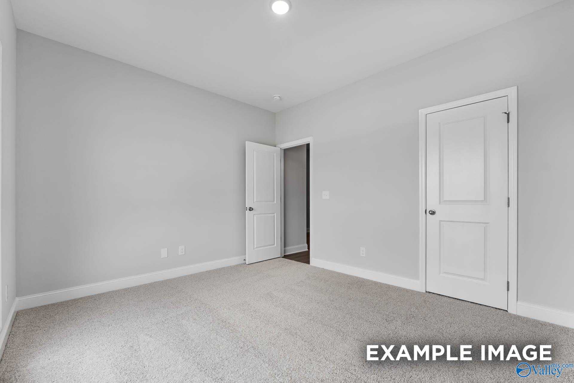 Spacious empty bedroom with light gray walls, neutral carpet, and white doors in Davidson Homes The Daphne C, Arab, Alabama