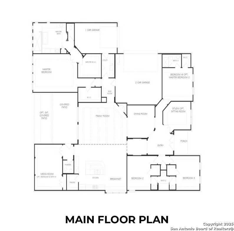 Detailed main floor plan for The Summerlin B: 4-bedroom, 3.5-bath, 3-car garage layout in Potranco Oaks, Castroville, Texas by Davidson Homes