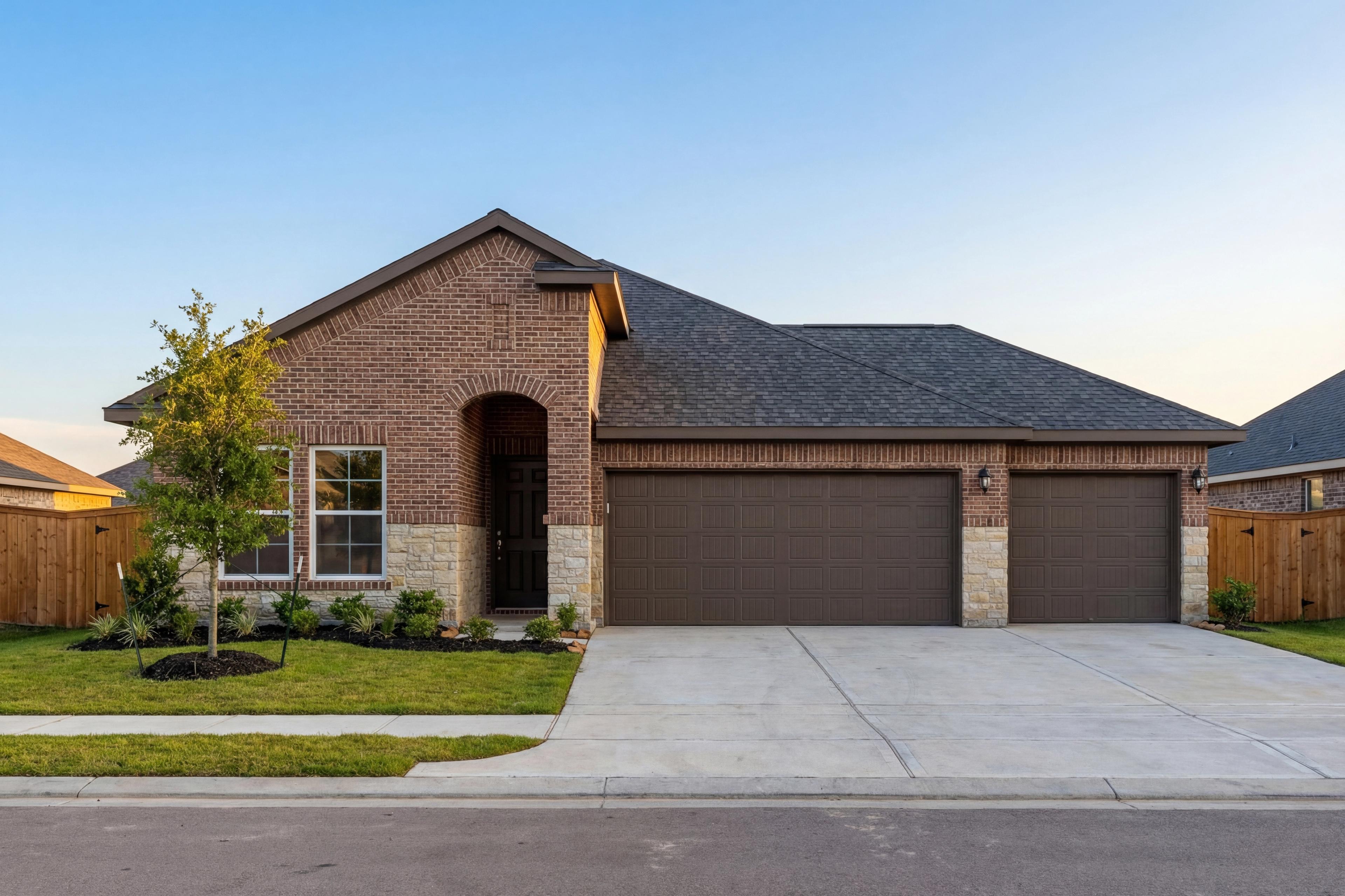 The Laguna B single-story brick home exterior with stone archway, 3-car garage, and landscaped yard in Rosharon, Texas