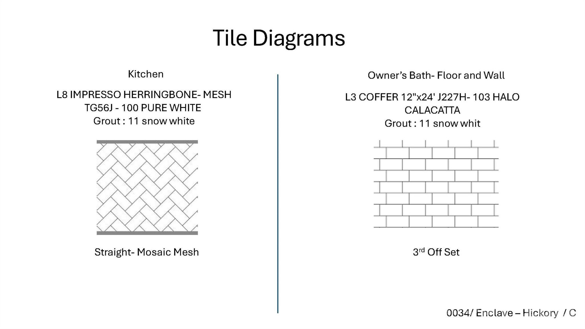Tile diagrams for Davidson Homes Hickory C II: herringbone kitchen backsplash and offset owner's bath tile in Enclave at Belmont, NC