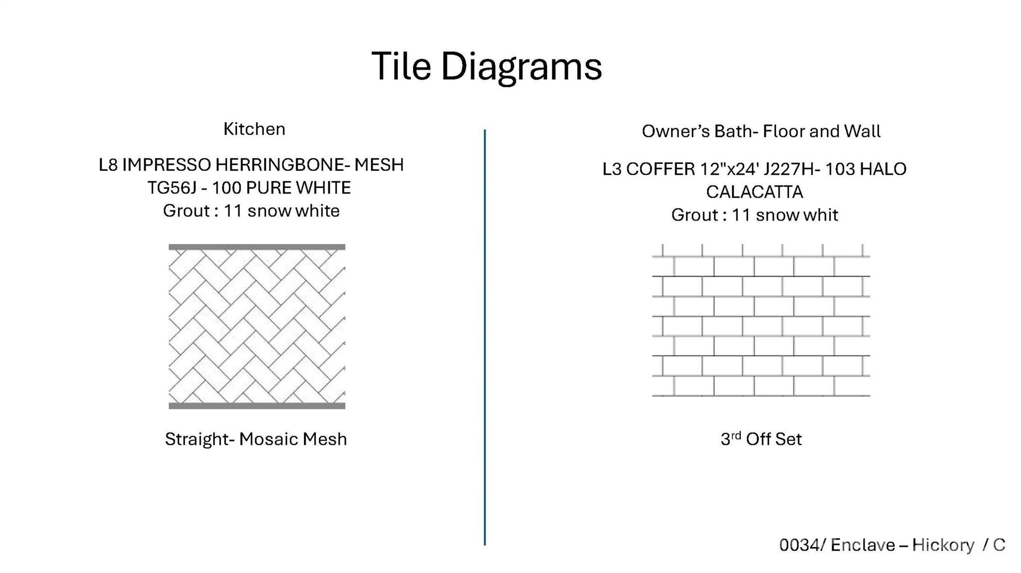 Tile diagrams for Davidson Homes Hickory C II: herringbone kitchen backsplash and offset owner's bath tile in Enclave at Belmont, NC