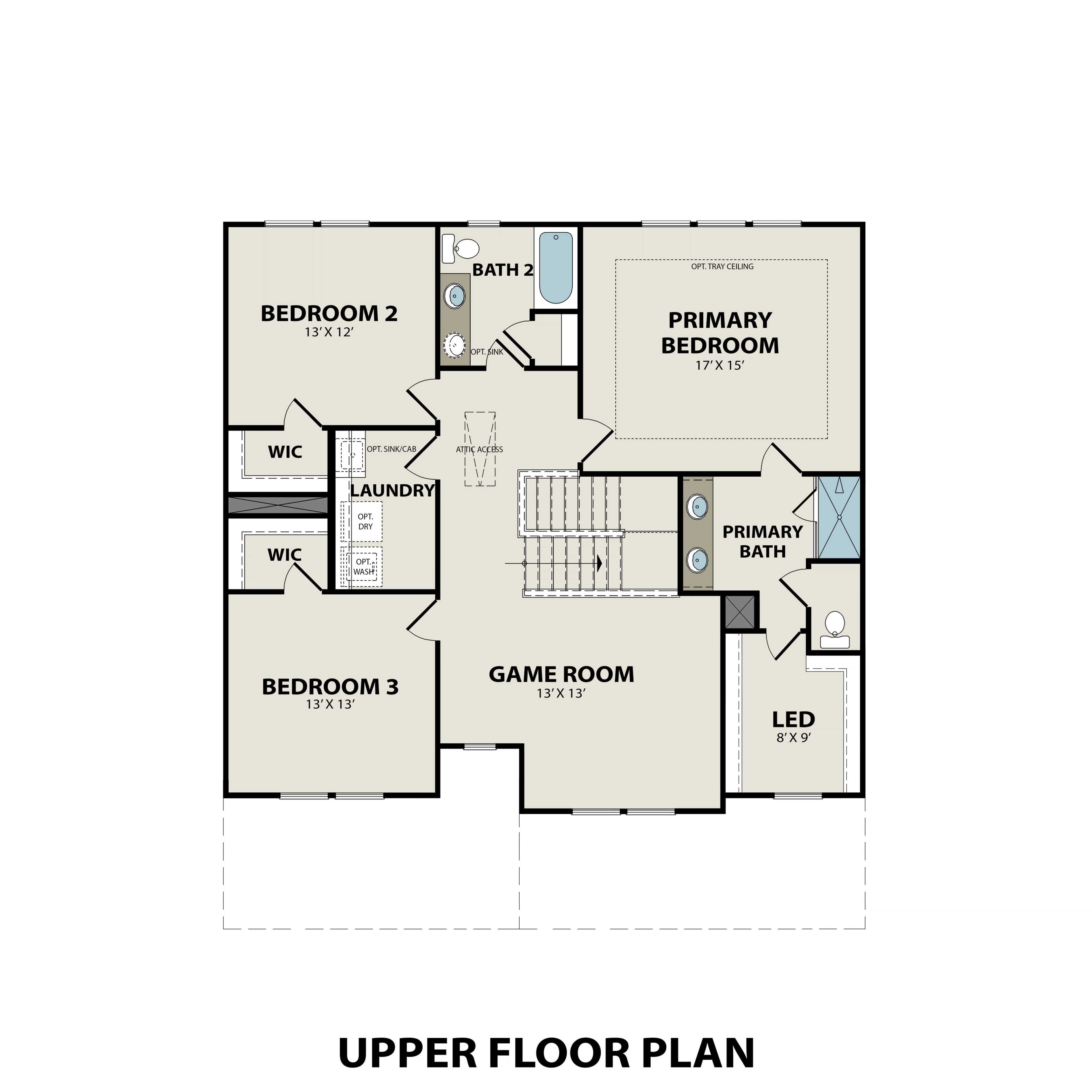 Upper floor plan of The Willow D featuring primary suite, bedrooms 2-3, game room, baths, and laundry in Mt. Juliet home