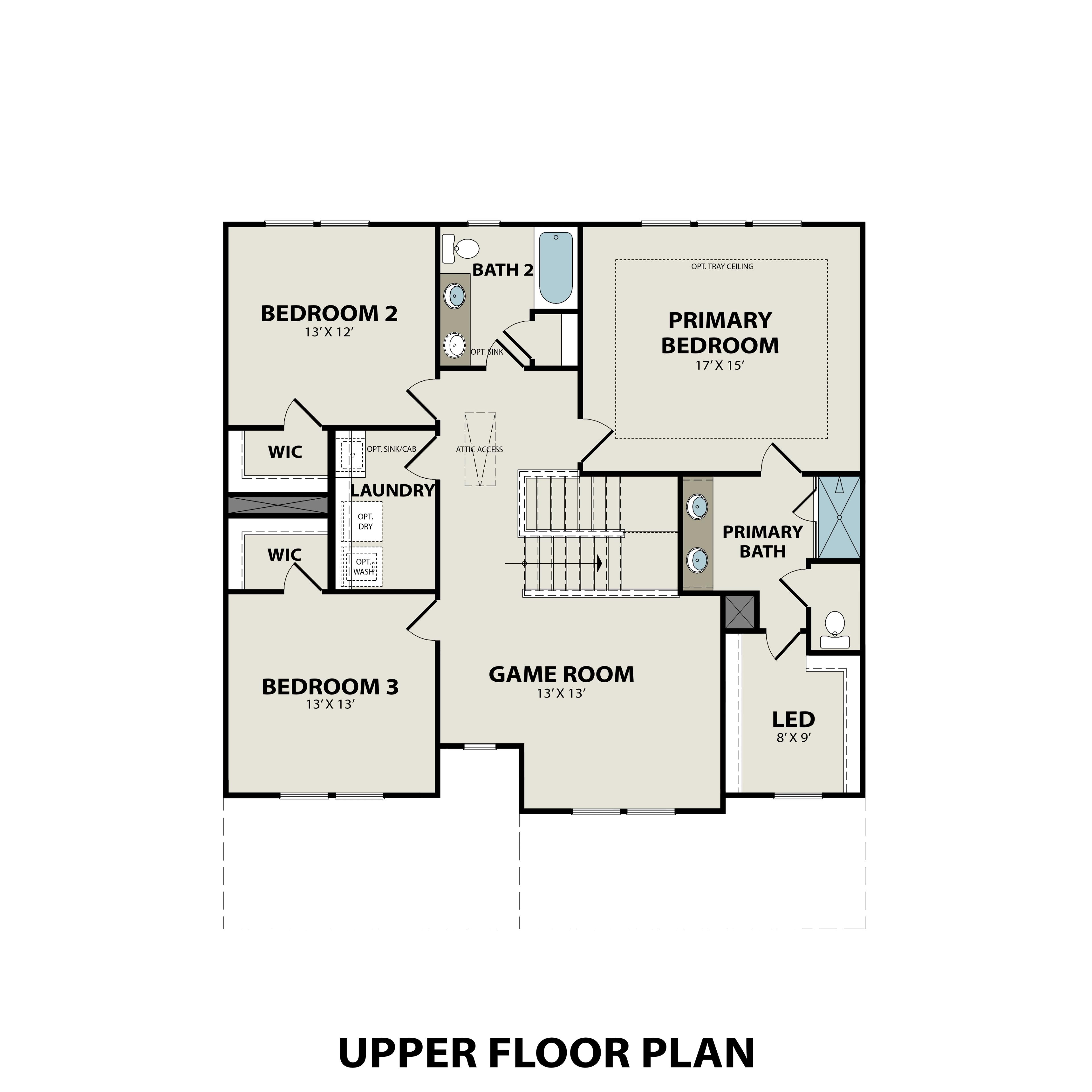 Upper floor plan of The Willow D featuring primary suite, bedrooms 2-3, game room, baths, and laundry in Mt. Juliet home