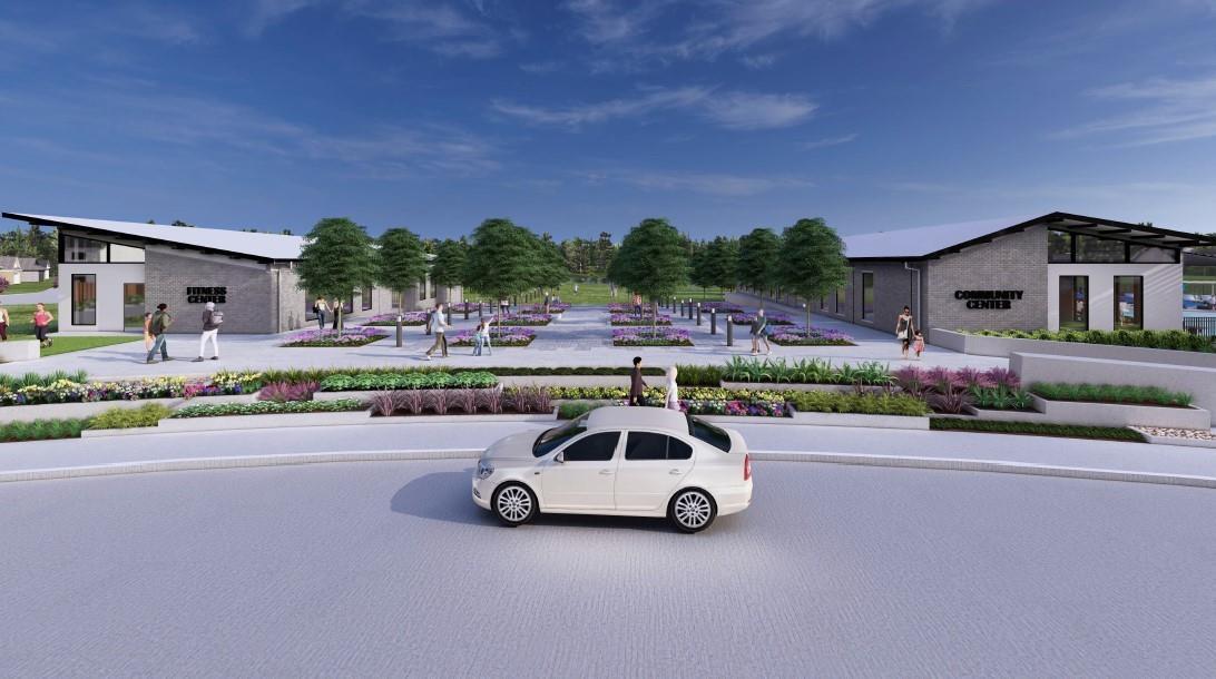 Sundance Cove community amenity center with fitness center, landscaped gardens, and walking paths in Crosby, Texas by Davidson Homes