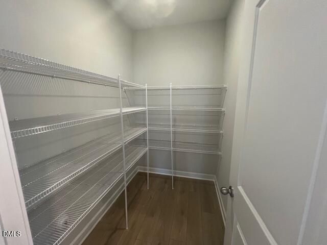 Spacious walk-in closet with white wire shelving and hardwood floors in Davidson Homes The Adalynn B, Gregory Village, Lillington, NC