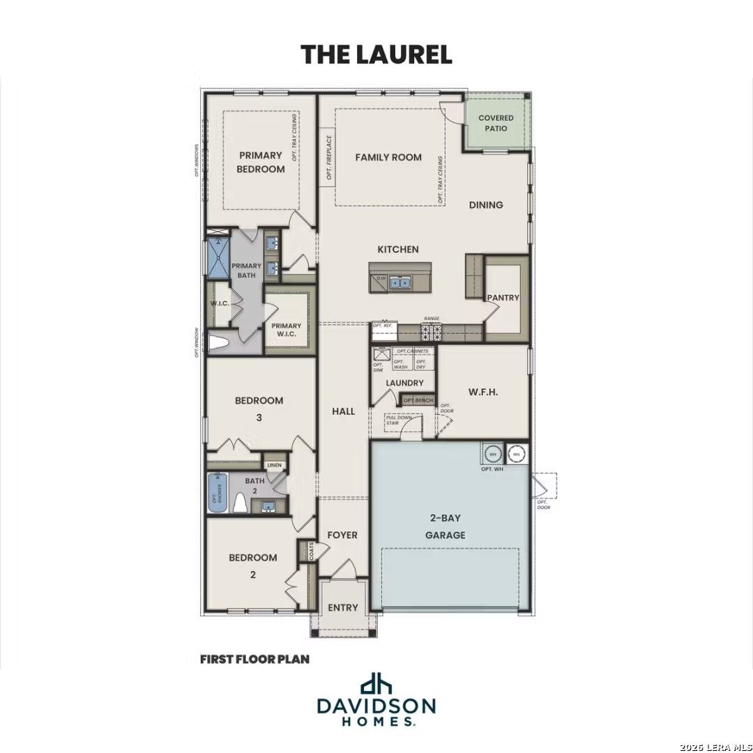 Detailed first floor plan of The Laurel G: 4-bedroom, 3-bath layout with open kitchen, family room, 2-car garage in Rayburn Valley, San Antonio