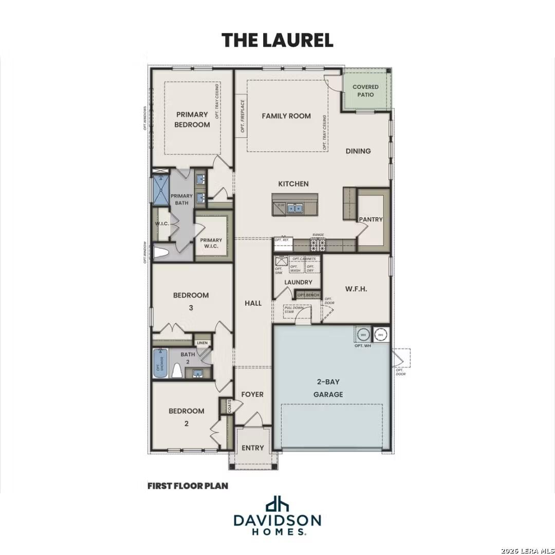 Detailed first floor plan of The Laurel G: 4-bedroom, 3-bath layout with open kitchen, family room, 2-car garage in Rayburn Valley, San Antonio