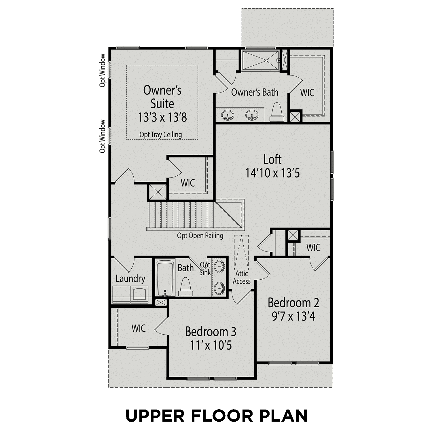 Upper floor plan of The Grace A home design: owner's suite with bath, loft, two bedrooms, laundry, and full bath in Lillington NC