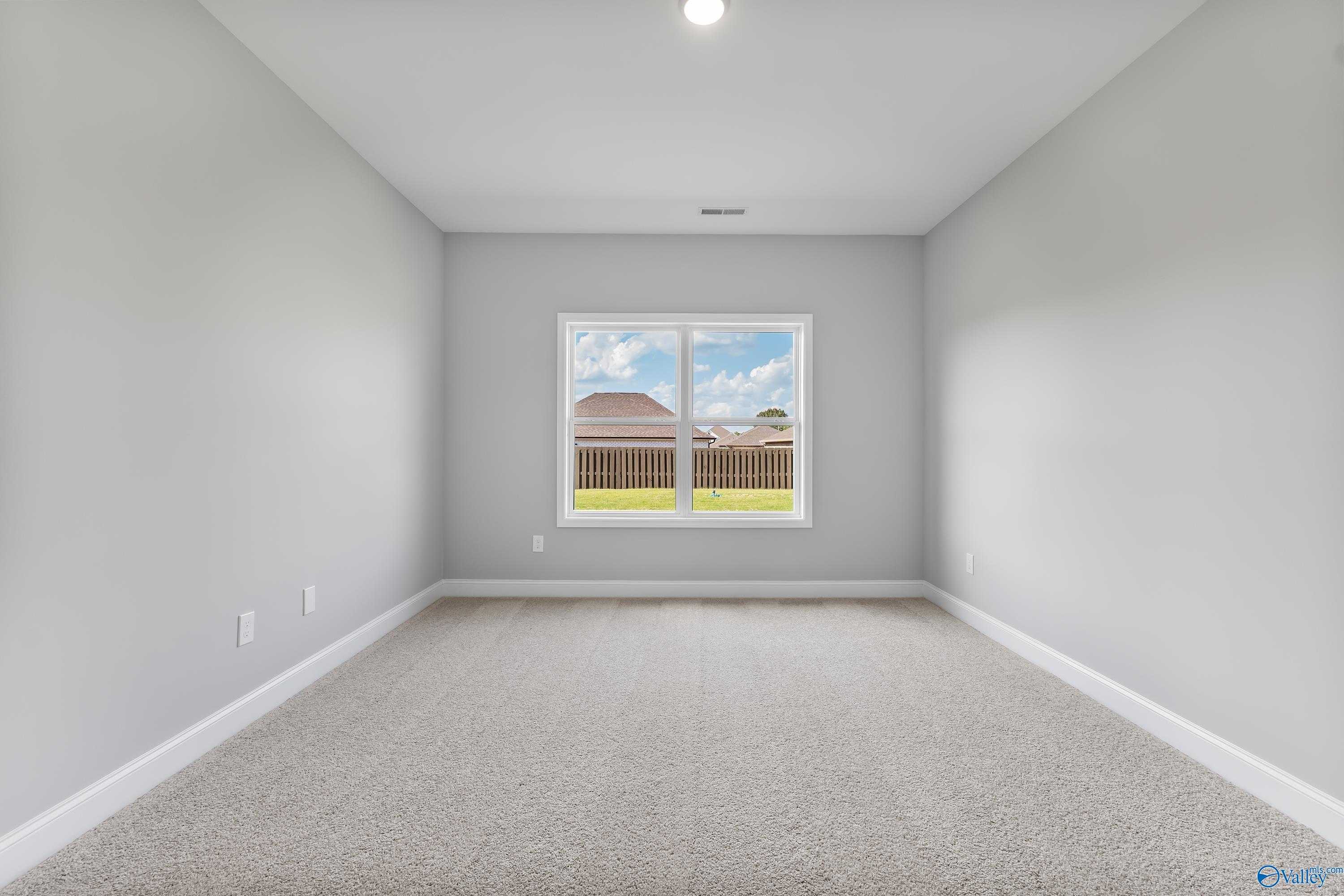 Empty bedroom featuring gray walls, beige carpet, and large window with backyard view in Davidson Homes The Franklin B, Hazel Green, Alabama