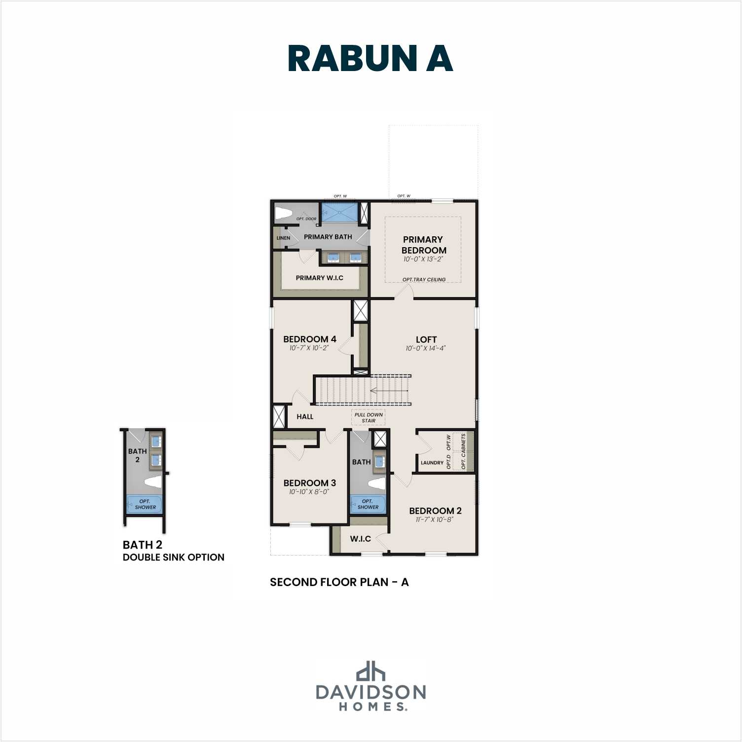 Second floor plan of Rabun A showcasing primary suite, loft, bedrooms 3-4, baths, double sink option by Davidson Homes
