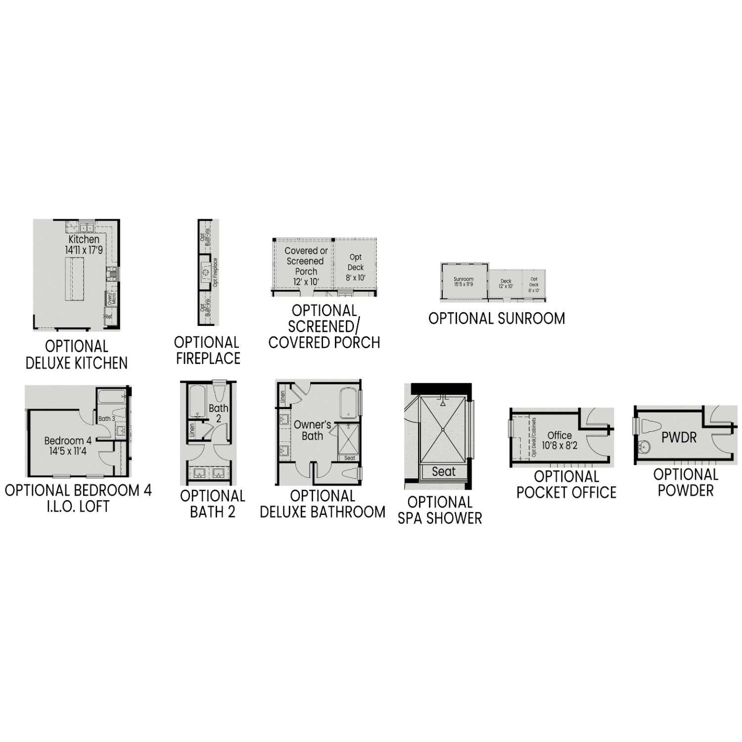 First floor plan of Crawford B home showcasing open kitchen, great room, optional sunroom, and covered porch by Davidson Homes