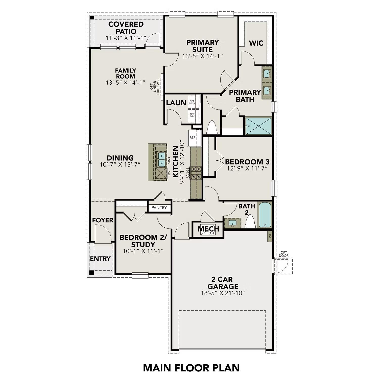 Detailed floor plan of The Costa B 3-bedroom, 2-bath home with 3-car garage by Davidson Homes in River Ranch Meadows, Dayton, Texas