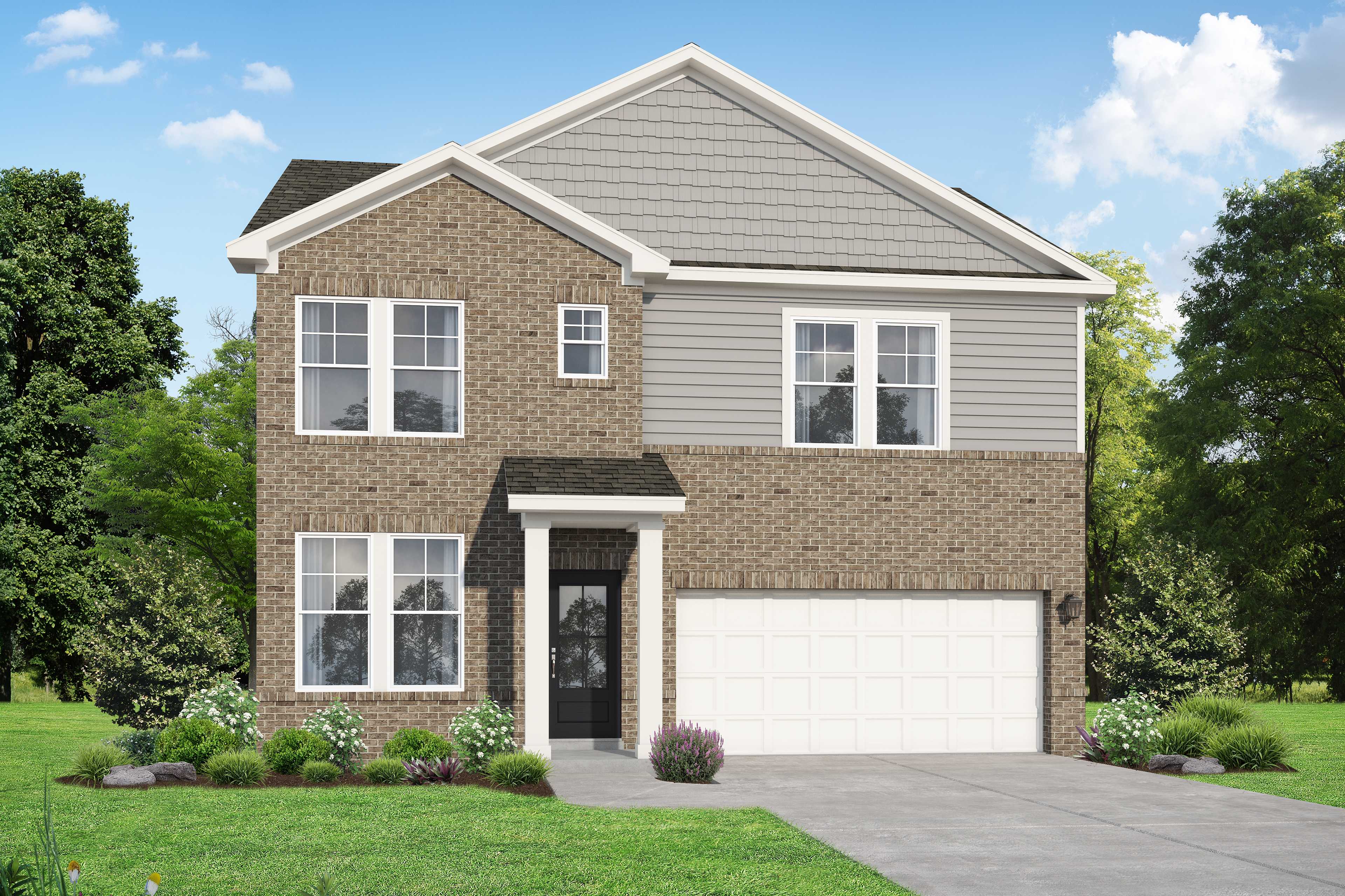 Two-story Logan B home elevation with gray siding, two-car garage, and lush landscaping by Davidson Homes in White House, TN