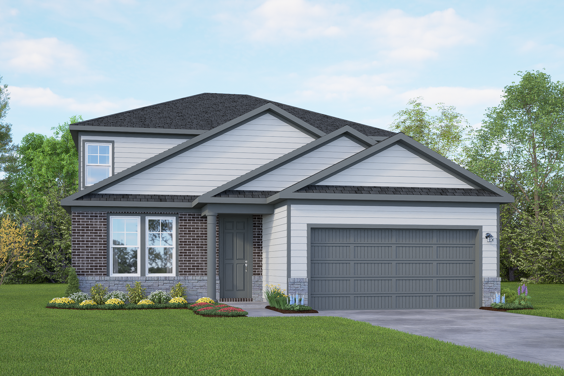 Modern two-story Douglas D home elevation with gray siding, brick accents, two-car garage, and landscaped front yard in San Antonio