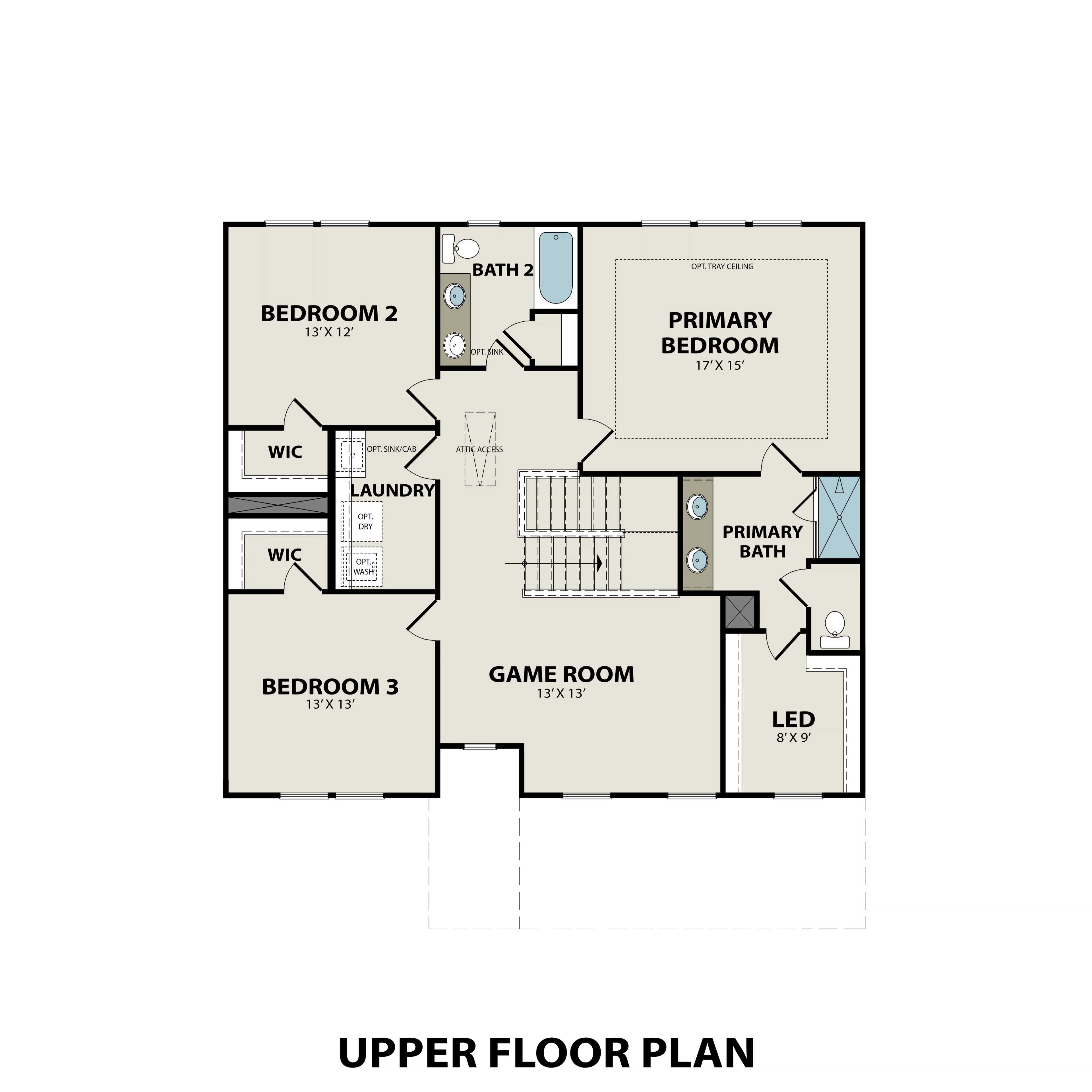 The Willow A upper floor plan featuring primary suite, bedrooms 2-3, game room, laundry, and baths in Mt. Juliet home