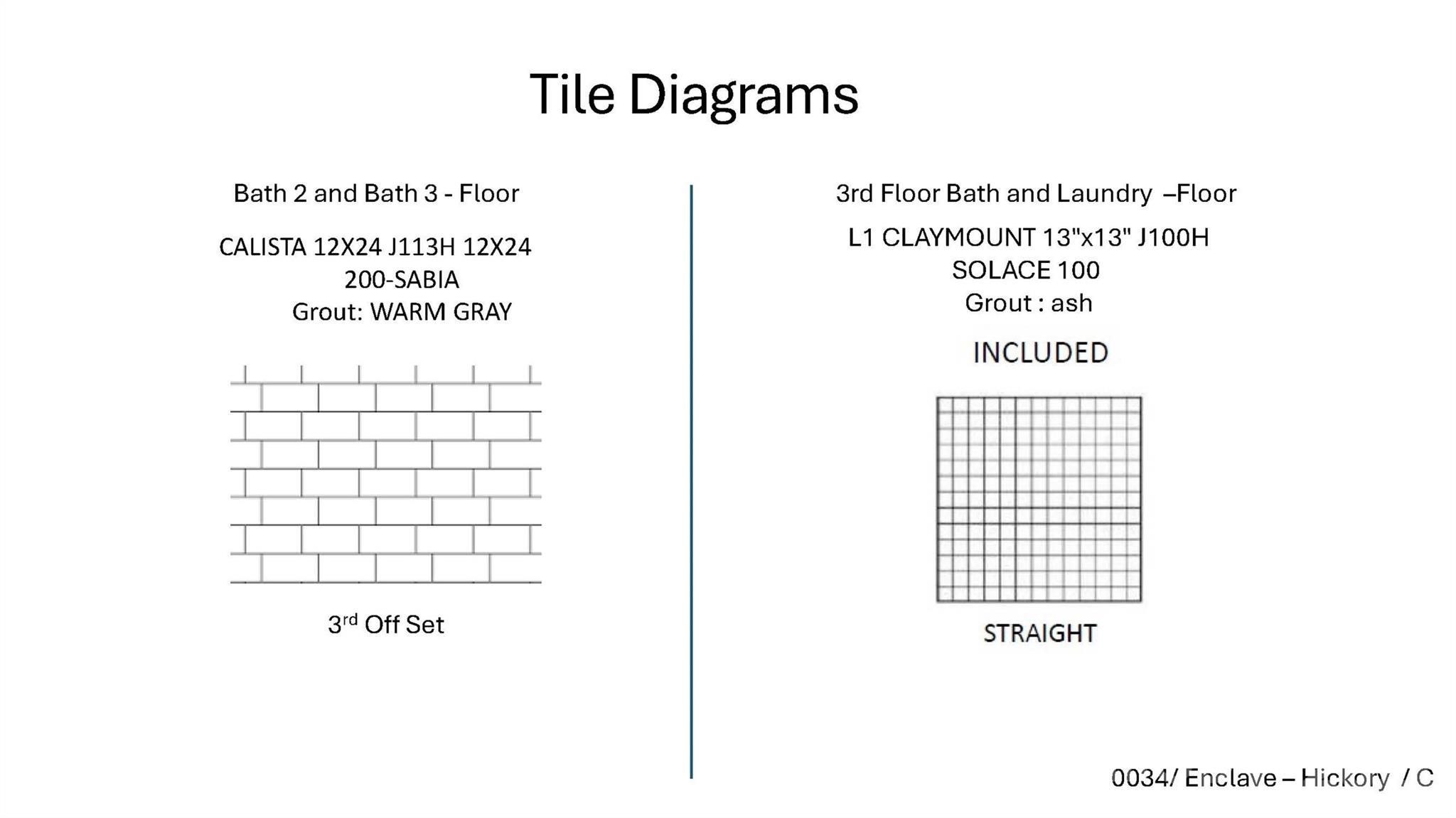 Tile diagrams showing Calista and Claymount flooring patterns for bathrooms in Davidson Homes Hickory plan at Enclave at Belmont