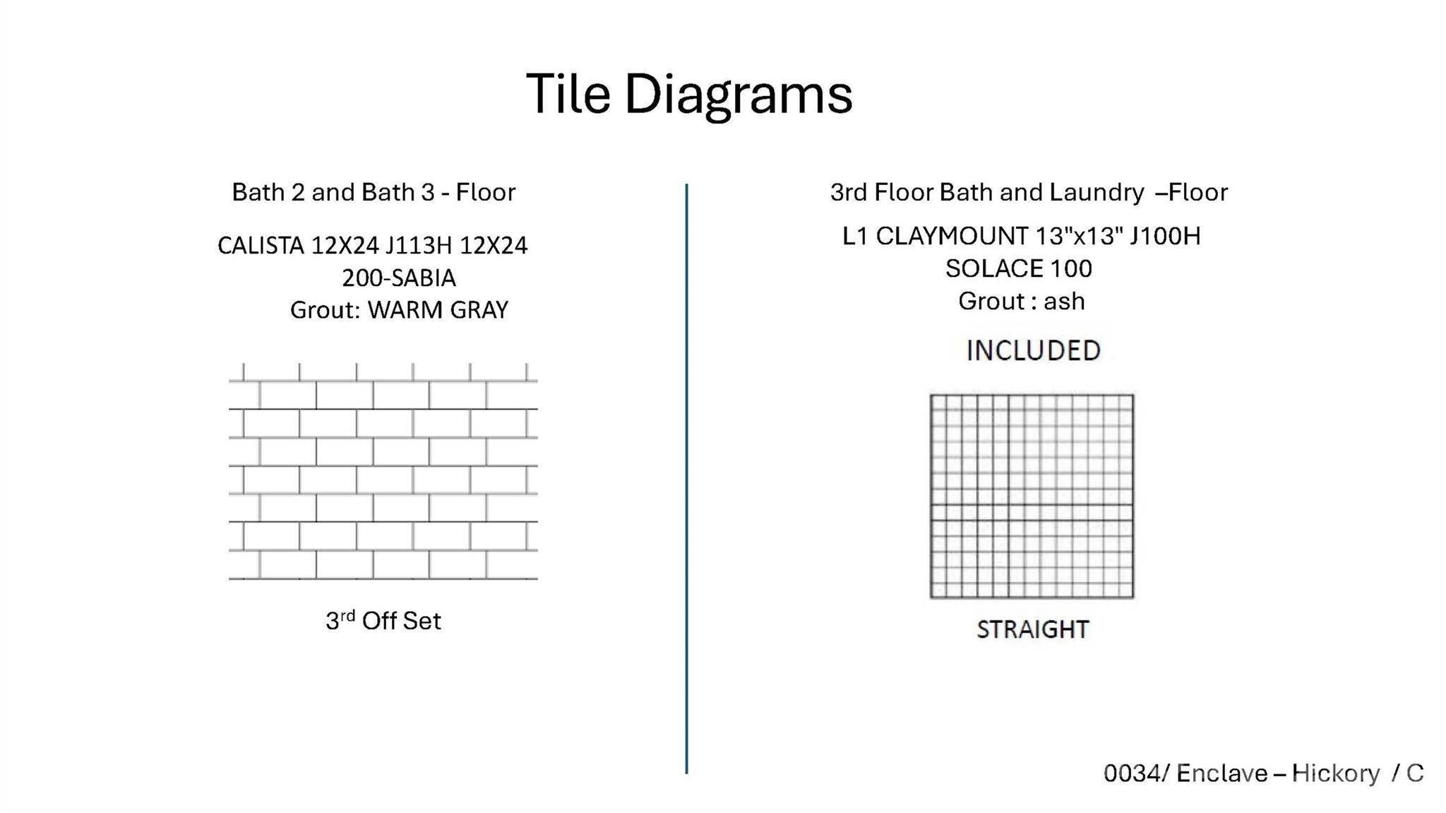 Tile diagrams showing Calista and Claymount flooring patterns for bathrooms in Davidson Homes Hickory plan at Enclave at Belmont
