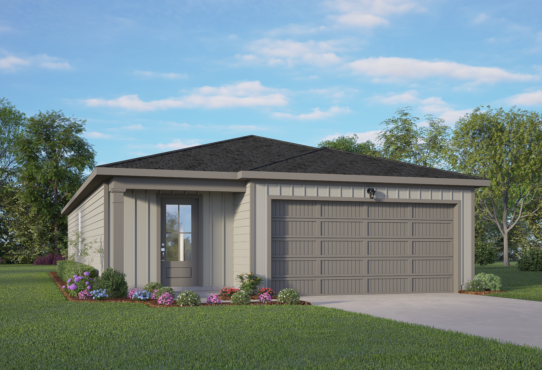 Modern single-story elevation of The Frio showcasing beige siding, dark shingle roof, two-car garage, covered porch, and landscaped yard with purple blooms