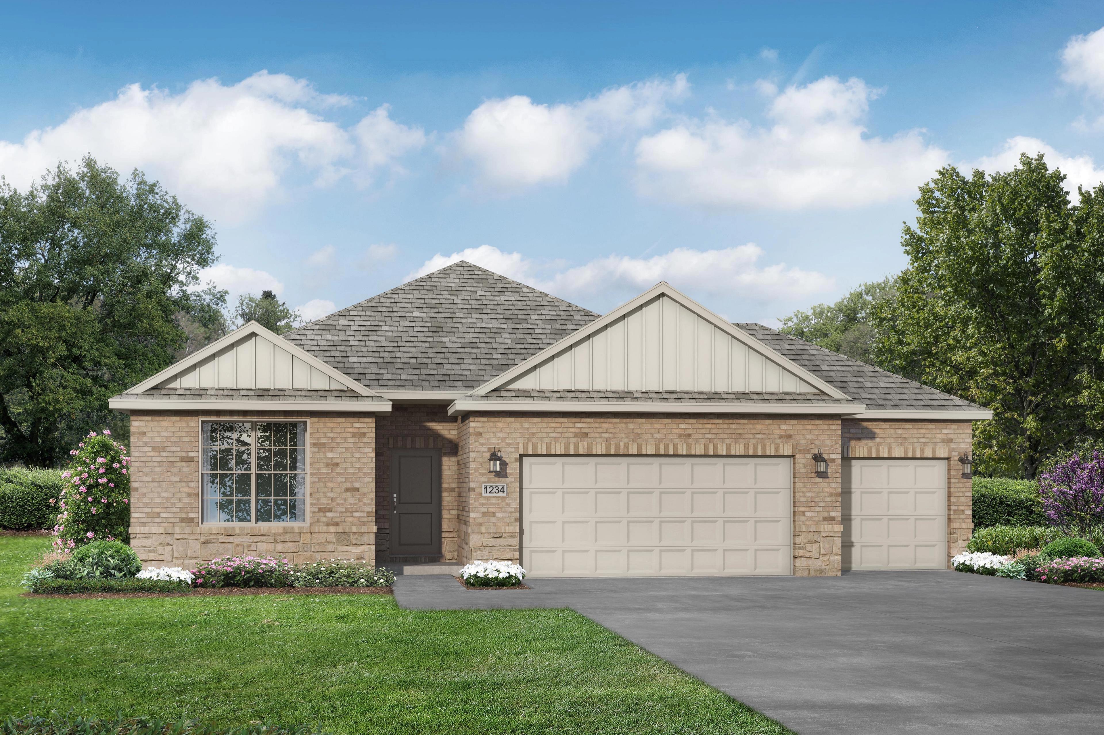 Single-story The Everett C elevation by Davidson Homes, brick and siding facade, 3-car garage, landscaped front yard in Josephine Texas