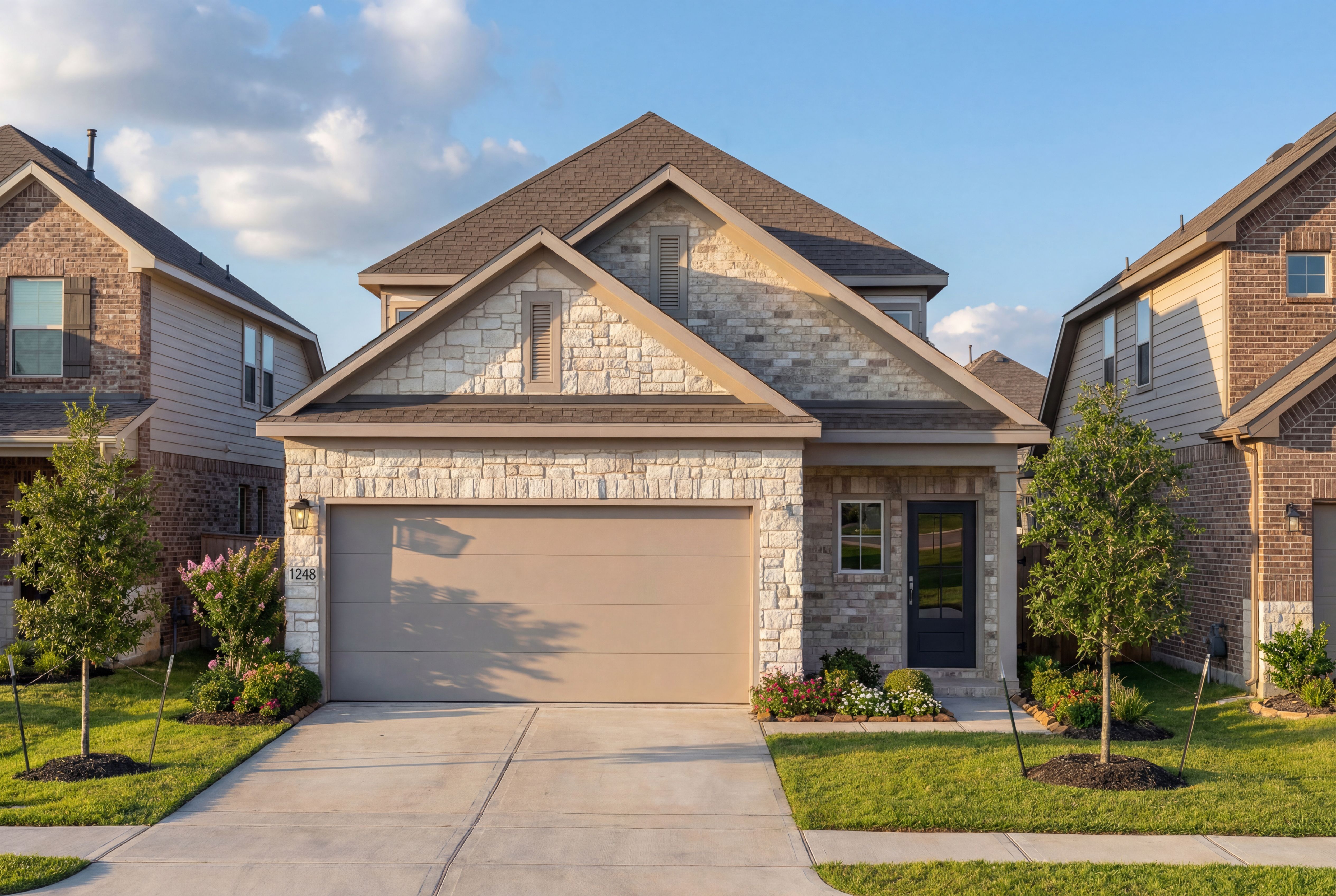 Two-story San Marcos home elevation by Davidson Homes in Katy, TX, featuring stone and brick facade, 2-car garage, driveway, and landscaped yard