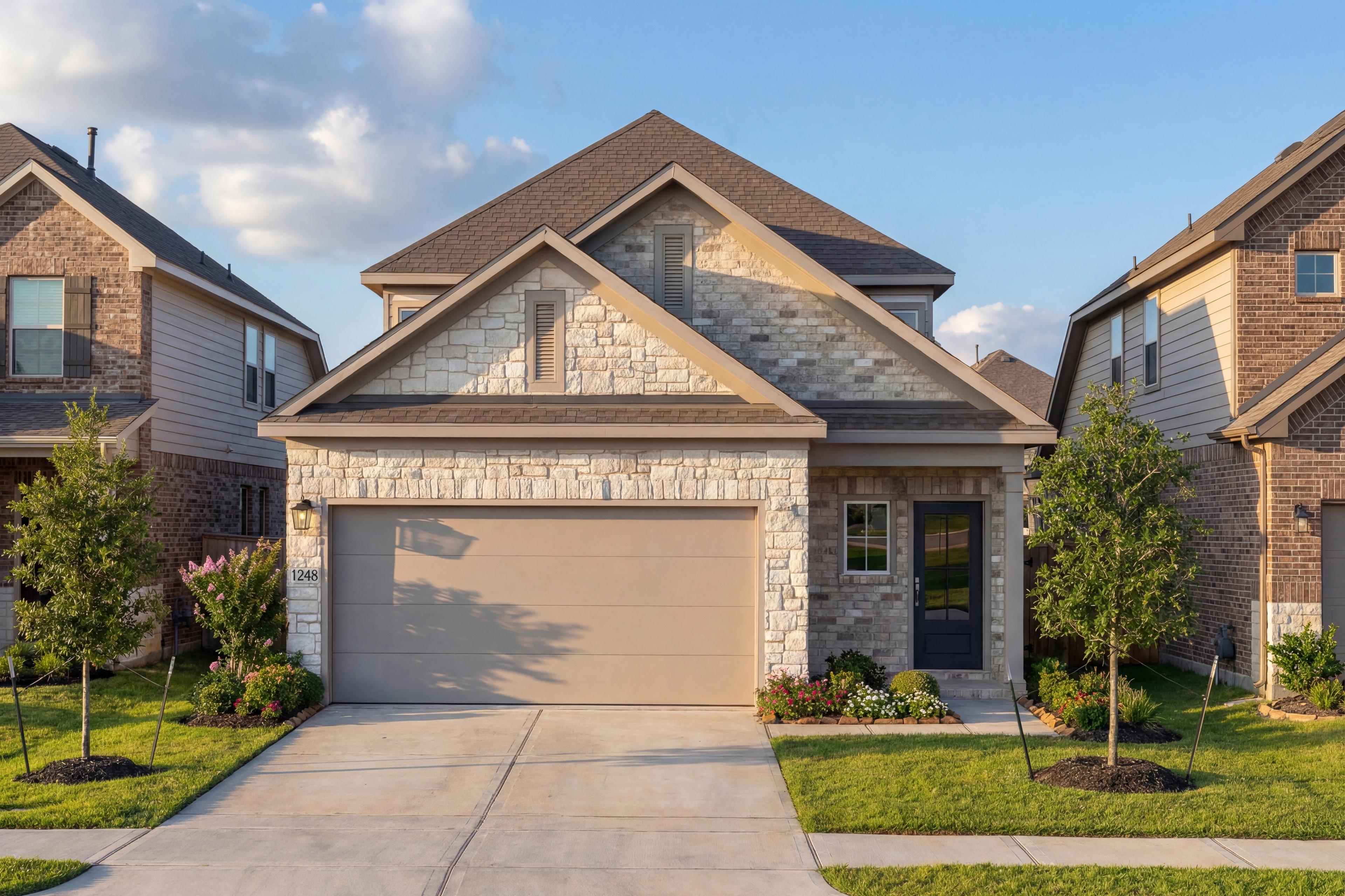 Two-story San Marcos home elevation by Davidson Homes in Katy, TX, featuring stone and brick facade, 2-car garage, driveway, and landscaped yard
